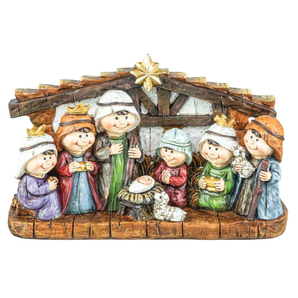 Handcrafted resin nativity scene featuring joyful figures gathered around baby Jesus in a rustic manger with a shining star, perfect for Home & Decor, Holiday Decor, Best Sellers, and Promo Eligible collections.