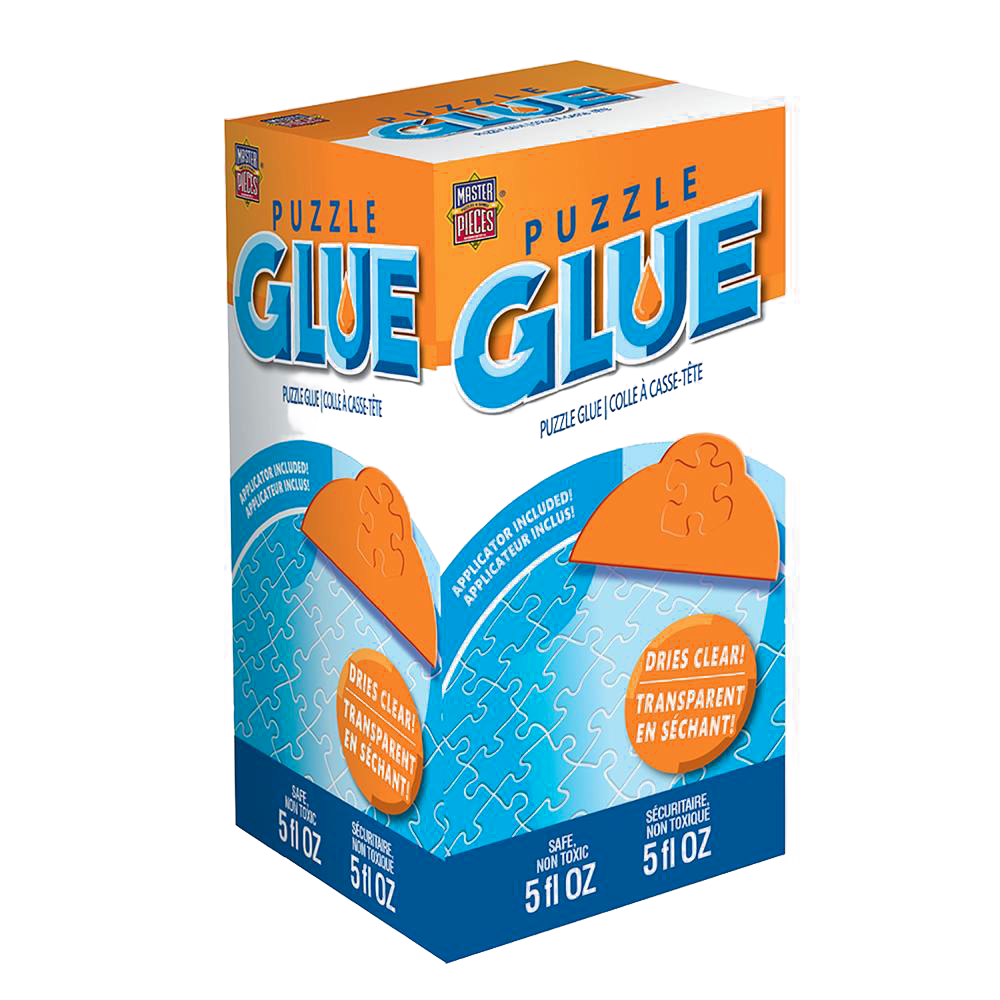 Colorful packaging of puzzle glue with clear drying formula and included applicator, designed for preserving assembled puzzles, featured in Toys, Books & Games and Puzzles collections.