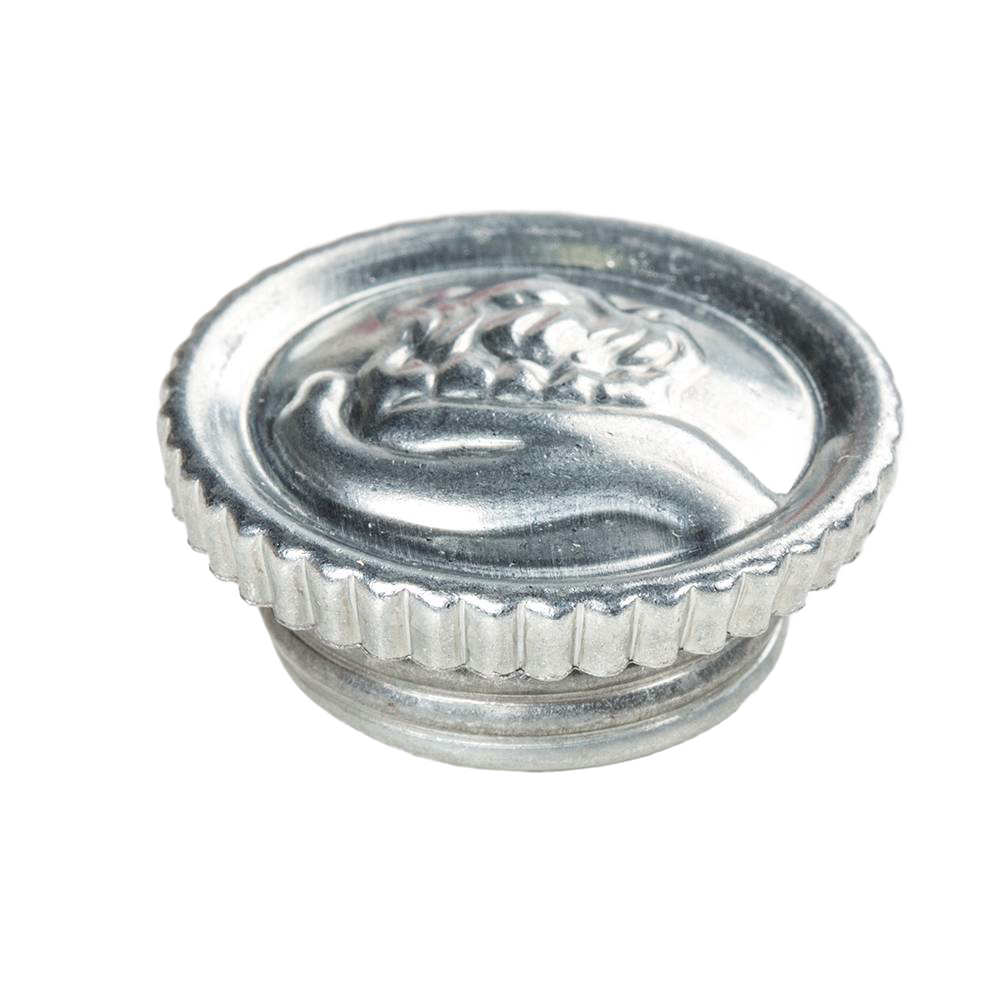 Silver-colored replacement filler cap with ridged edge and embossed floral design, handcrafted for galvanized lanterns, featured in Lamps & Lighting, Emergency Supplies, Parts and Accessories, and Best Sellers collections.