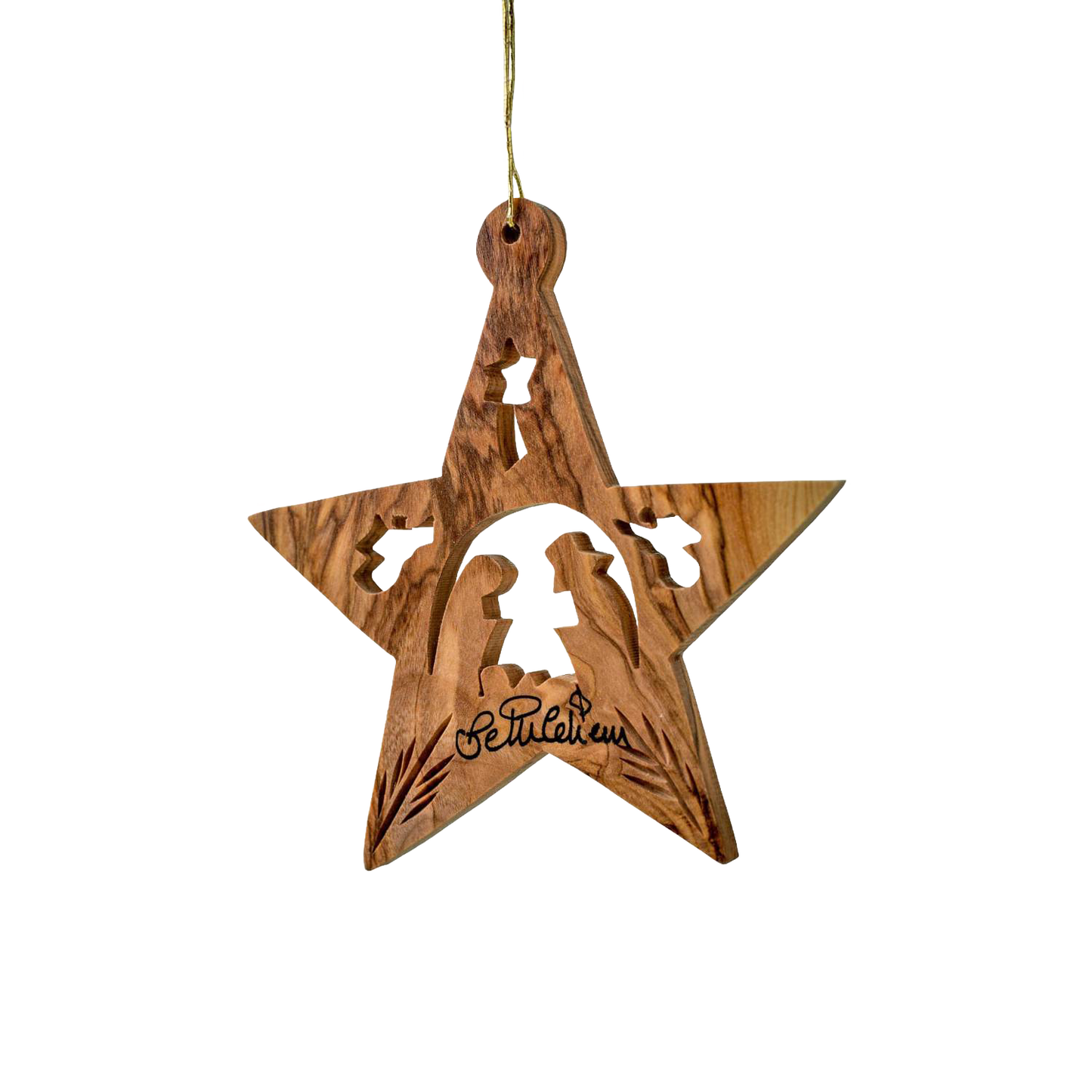 Handcrafted olive wood star ornament featuring a carved nativity scene with angels, ideal for Holiday Decor, Home & Decor, Best Sellers, and Promo Eligible collections.