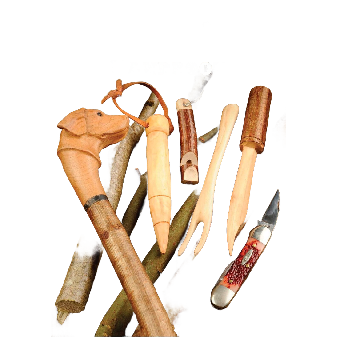 Collection of handcrafted wooden whittling tools including a dog-head carved knife handle, wood-carved poker, fork, whistle, and folding knife, featured in Toys, Books & Games and Home and Garden How-To Books collections.
