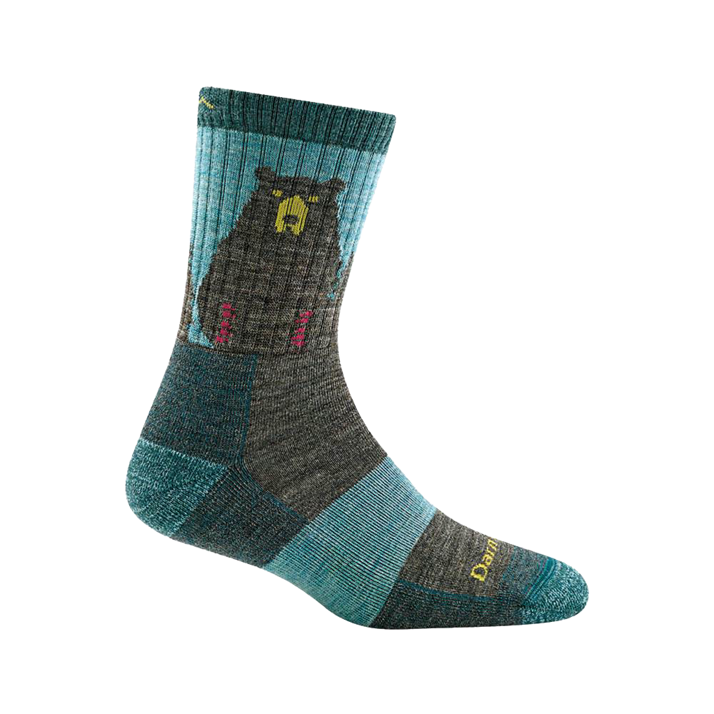 Women's lightly cushioned, breathable micro crew sock in teal and gray with a bear graphic, handcrafted in USA, perfect for camping, hiking, and outdoor activities in Health & Wellness, Farm, Garden & Tool, Camping, Clothing and Accessories, USA Made, Best Sellers, and Promo Eligible collections.