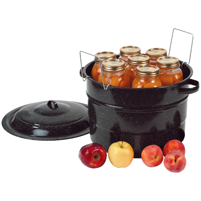 Black speckled enamelware canner filled with sealed glass jars of preserved fruit, with a matching lid set aside and fresh apples and peaches nearby, ideal for food preservation and canning.