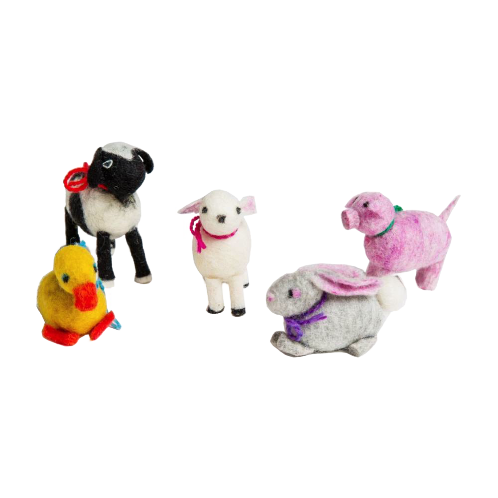 Set of five handcrafted felted farm animals including a pig, rabbit, sheep, duck, and dog made from pure wool fleece with colorful yarn accents from USA Made children's crafts.