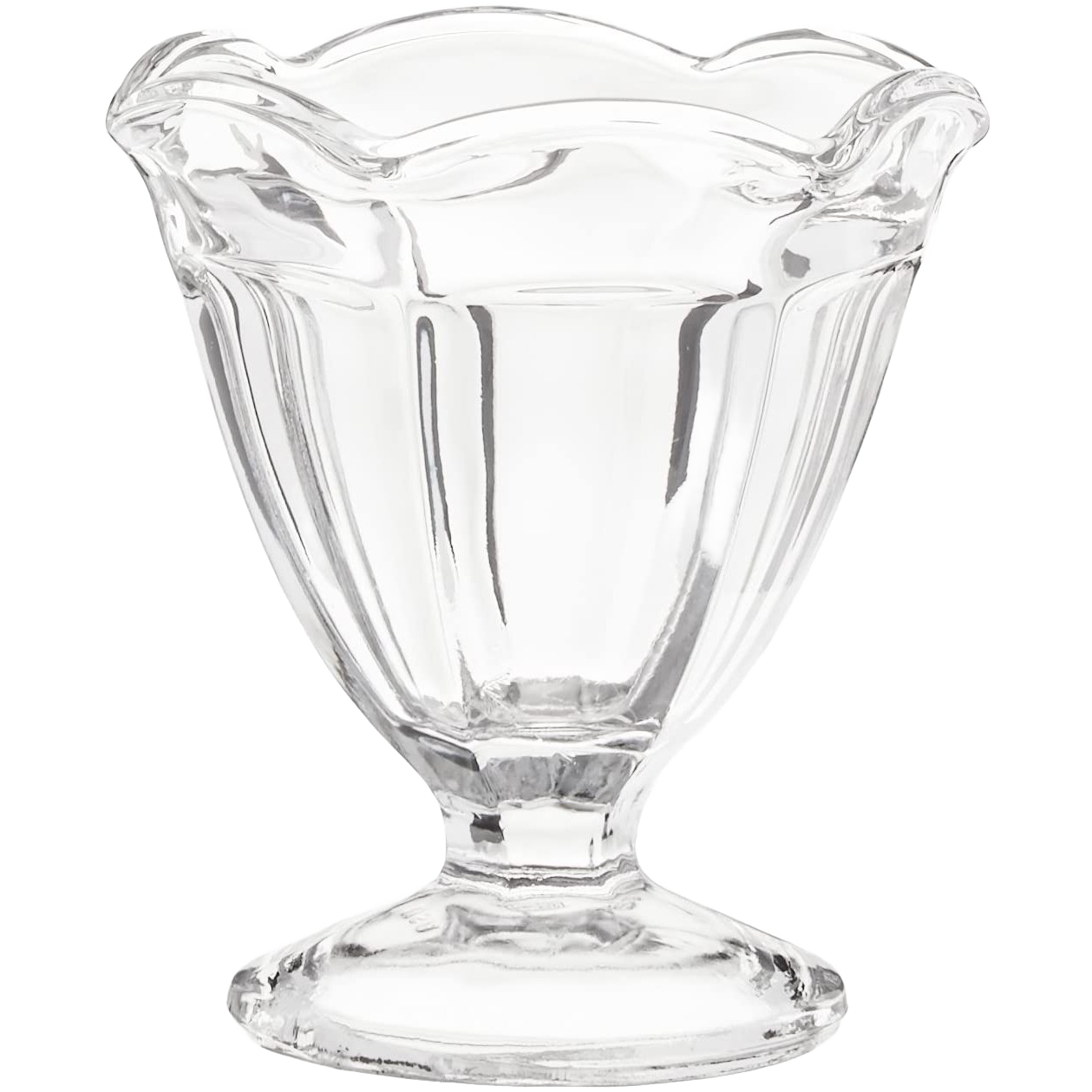 Handcrafted clear glass footed sherbet bowl made in USA with a vintage scalloped rim, perfect for serving ice cream, yogurt, or fresh fruit, featured in Kitchen & Food and Dinnerware collections.