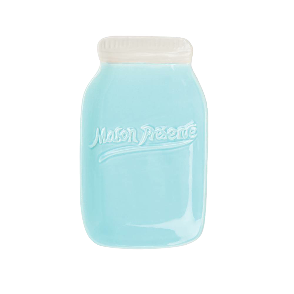 Light blue ceramic spoon rest shaped like a mason jar with raised lettering and a white lid, designed to keep countertops clean in Kitchen & Food and Kitchen Accessories collections.