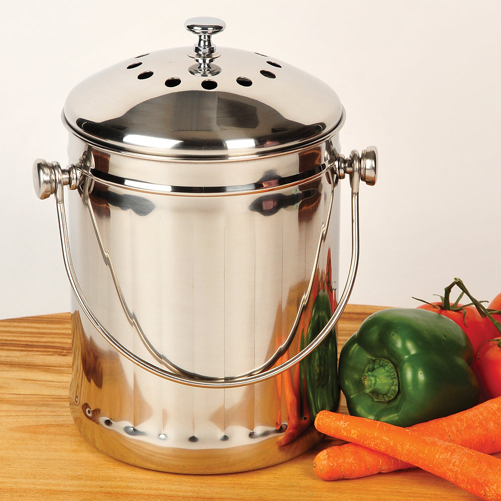 Stainless steel compost pail with vented lid and sturdy handle designed for odor control, ideal for kitchen use and included in Farm, Garden & Tool, Composting, and Garden Accessories collections.