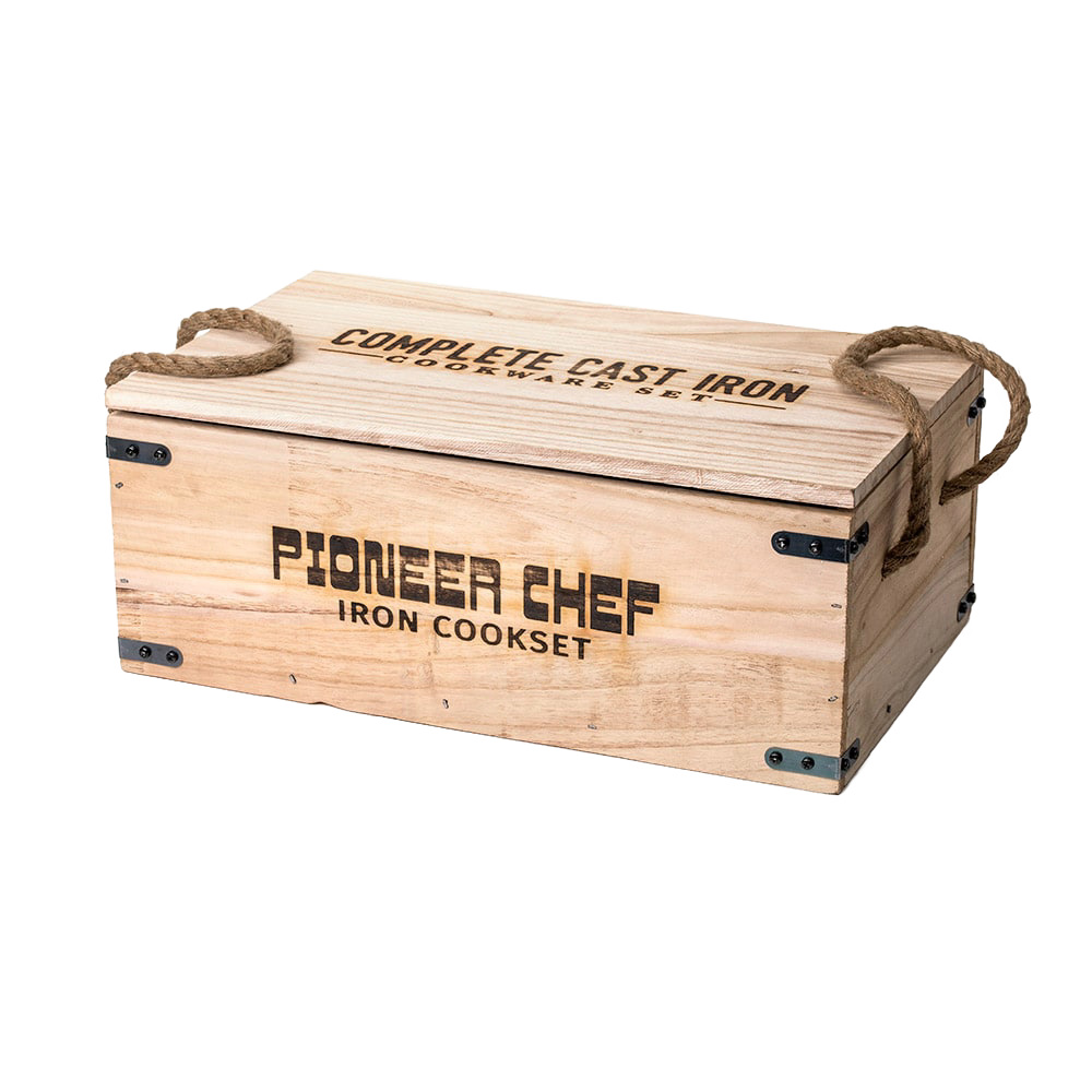 Wooden storage box with rope handles labeled Pioneer Chef Iron Cookset, designed for holding a complete cast iron cookware set, ideal for camping, kitchen, and outdoor use in Farm, Garden & Tool, Kitchen & Food, Camping, Cookware, Cast Iron, Best Sellers, and Promo Eligible collections.