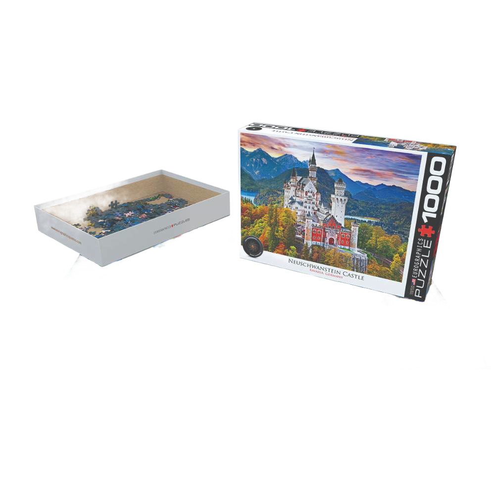 Puzzle box featuring Neuschwanstein Castle image next to a partially completed 1000-piece puzzle in a tray, made in USA and part of Toys, Books & Games and Best Sellers collections.