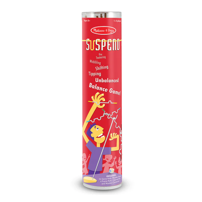 Tall cylindrical game packaging in bright red with playful illustrations and bold text promoting a handcrafted balance game for ages 8 and up, featured in Toys, Books & Games, Children's Toys, Games and Puzzles, Table and Board Games, Best Sellers, and Promo Eligible collections.