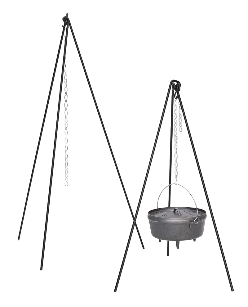 Handcrafted steel tripod with adjustable chain for suspending cast iron cookware over an open fire, ideal for camping, kitchen, and farm tool collections.