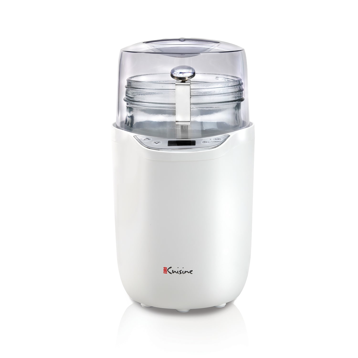 White electric yogurt and Greek yogurt maker with clear plastic dome lid, digital display panel, and glass jar inside, featured in Kitchen & Food, Specialty Equipment, DIY Cheese and Yogurt, and Best Sellers collections.