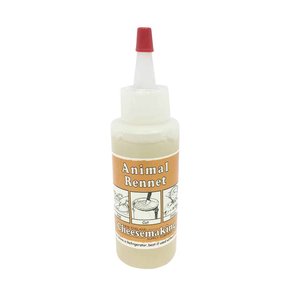Small plastic bottle of regular strength animal-based rennet with orange and white label, essential for cheesemaking, featured in Kitchen & Food and DIY Cheese and Yogurt collections.