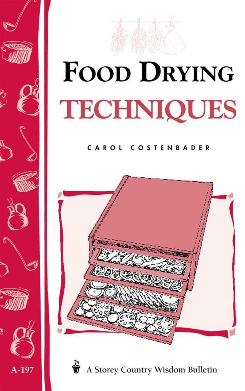 Cover of a book about drying fruits and vegetables featuring a red and white color scheme with an illustration of a food dehydrator and drying herbs, part of Kitchen & Food and Food Preservation collections.