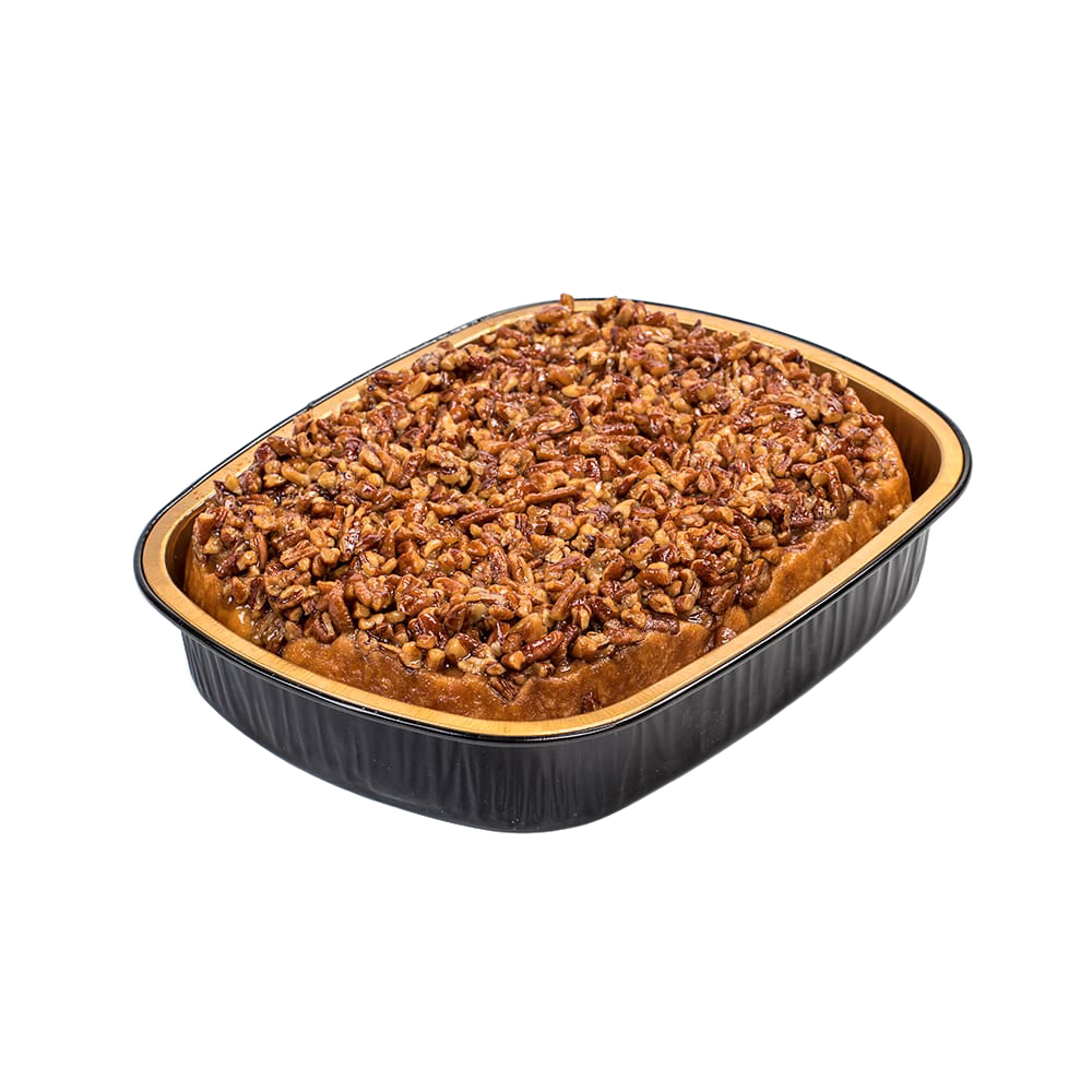 Freshly baked pecan rolls generously topped with chopped pecans and a rich caramel glaze, presented in a disposable baking pan, handcrafted and made in the USA, ideal for Kitchen & Food and Snacks and Sweets collections.