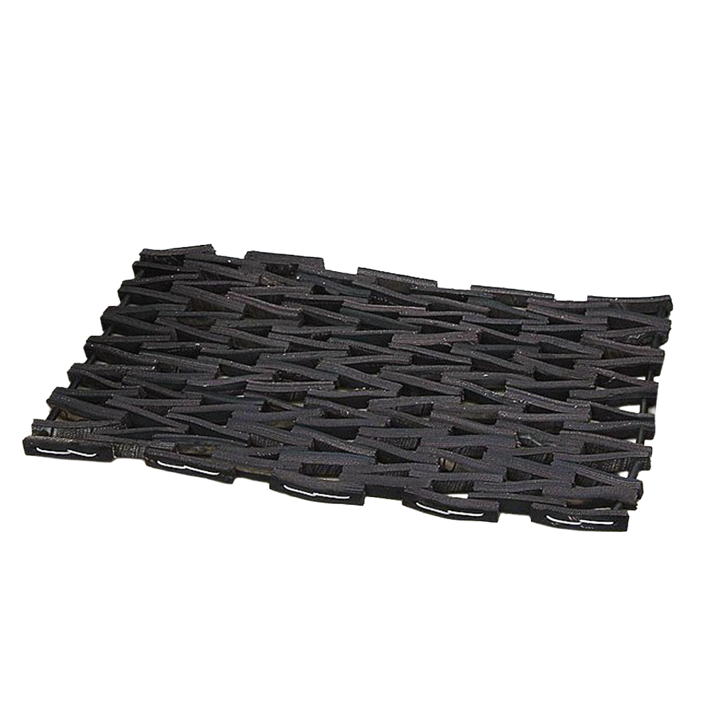 Heavy-duty black doormat woven from recycled tire strips in a traditional herringbone pattern, handcrafted for long-lasting use in Home & Decor, Household Helpers, Best Sellers, and Promo Eligible collections.