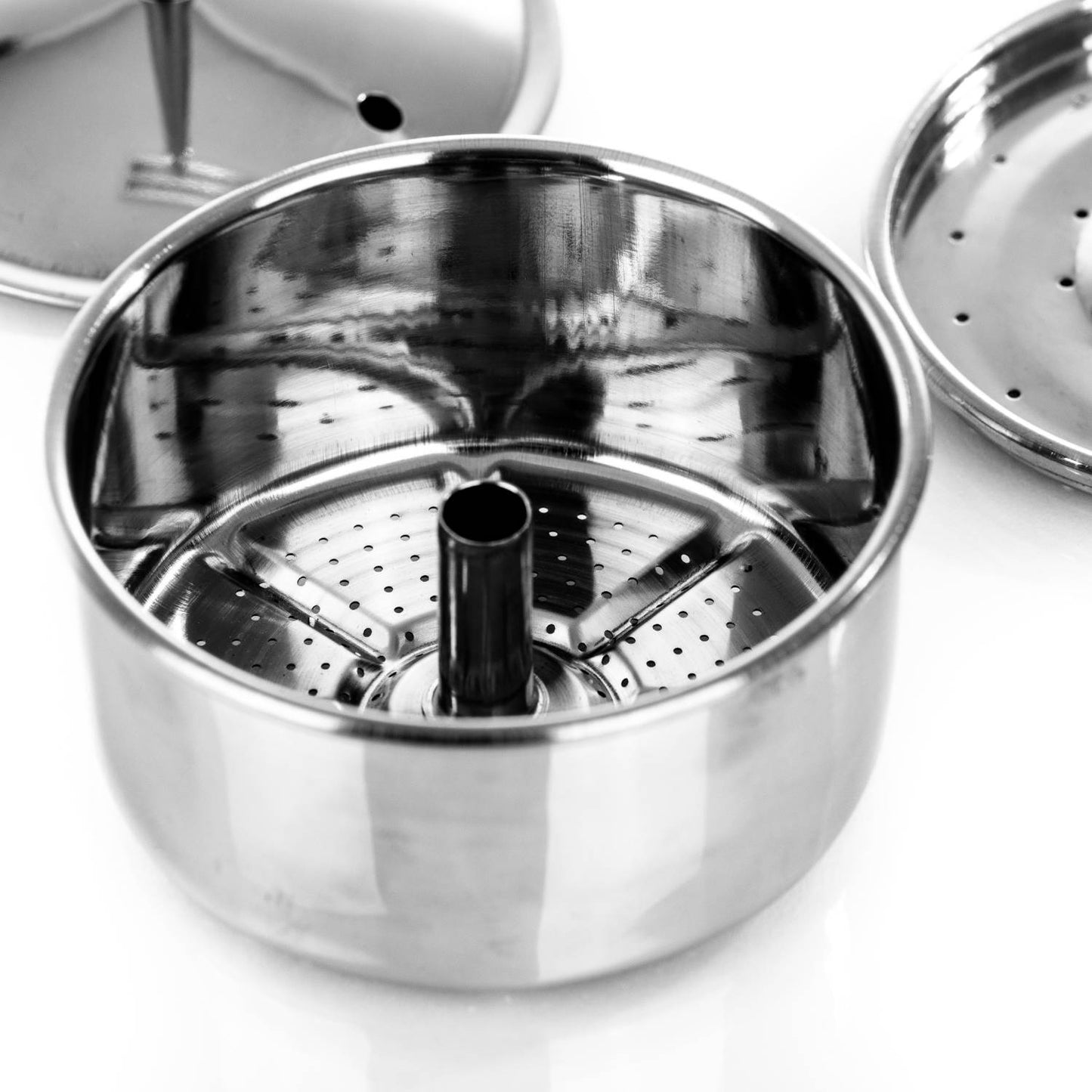 Stainless steel inner brewing cup with perforated base and central tube, designed for use in coffee percolators, suitable for Farm, Garden & Tool, Kitchen & Food, Camping, and Brewing Coffee and Tea collections.
