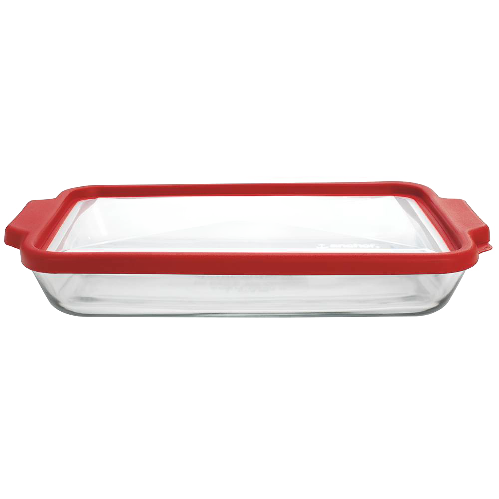 Rectangular clear oven-safe glass bakeware with a durable red plastic lid that fits snugly for easy food storage and transport, ideal for Kitchen & Food, Storage and Serving, USA Made, Best Sellers, and Promo Eligible collections.