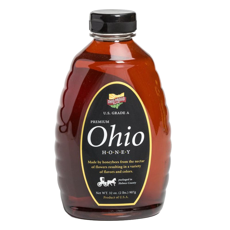 Plastic squeeze bottle of rich amber Ohio honey with black screw cap and black label detailing natural, unpasteurized honey from local honeybees, featured in Farm, Garden & Tool, Kitchen & Food, Emergency Supplies, Food, Pantry, USA Made, Best Sellers, and Promo Eligible collections.