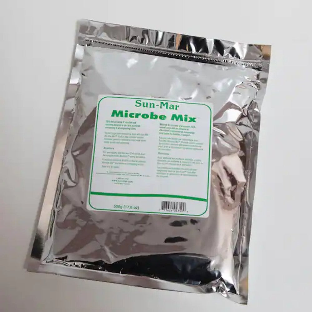 Silver foil pouch containing Sun-Mar Microbe Mix aerobic bacteria for enhancing microbial activity in composting toilets and appliances, featured in Best Sellers and Promo Eligible collections.
