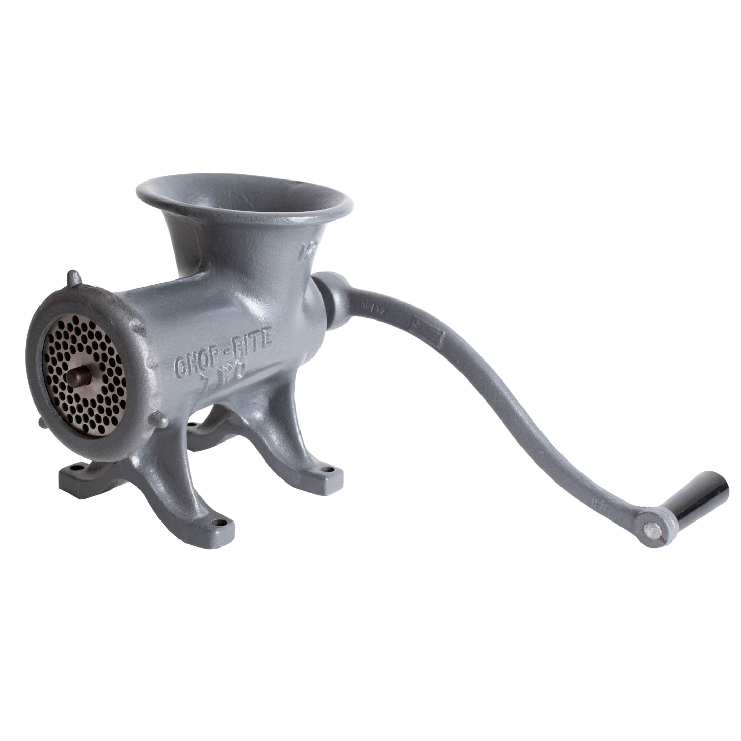 Cast iron manual meat grinder with a crank handle and perforated grinding plate, designed for kitchen and specialty equipment use, USA made and featured in butchering supplies.