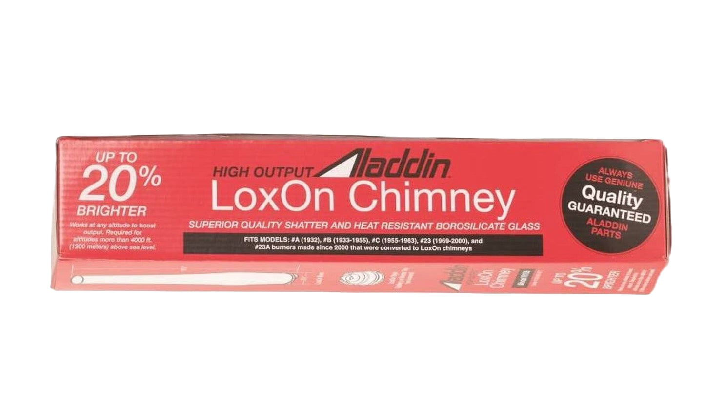 Red rectangular box packaging for Aladdin LoxOn chimney made from borosilicate glass with labels highlighting 20% brighter light output and guaranteed quality, suited for Lamps & Lighting, Parts and Accessories, Chimneys and Globes, Best Sellers, and Promo Eligible collections.