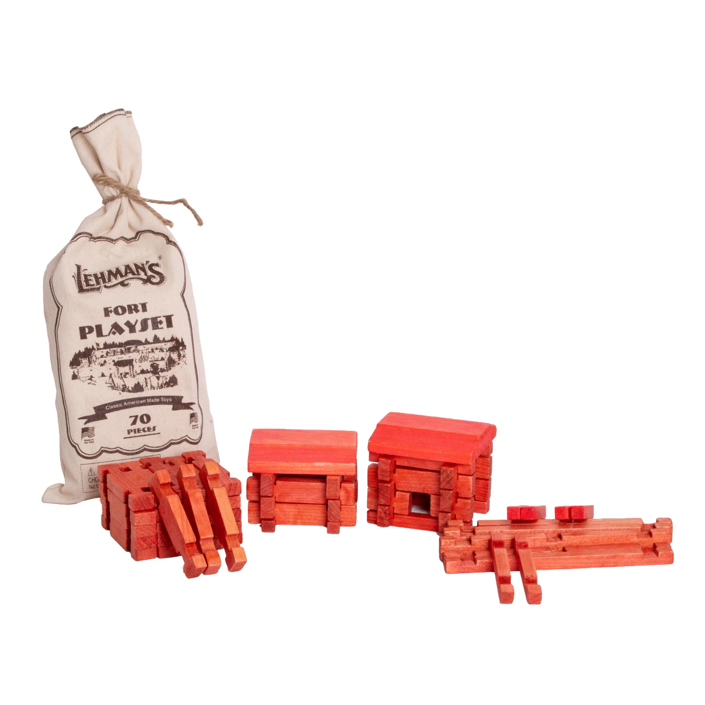 Handcrafted wooden log building set with 70 red-stained pieces and reusable fabric bag, designed for imaginative indoor play, made in USA, featured in Children's Toys and Wooden Toys collections.
