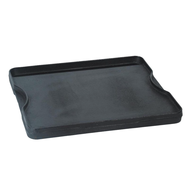 Large pre-seasoned cast iron cooking surface with raised edges and integrated handles, designed for versatile use as grill or griddle, ideal for cooking, camping, and cookware collections.