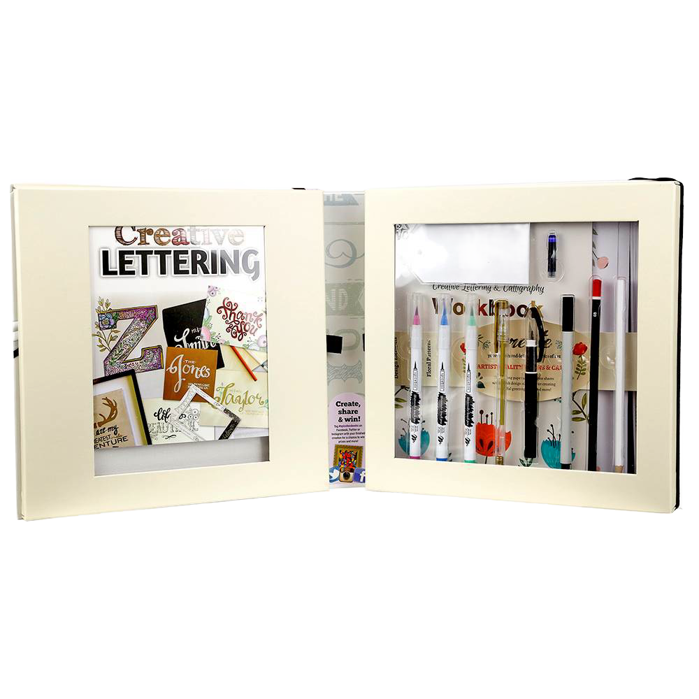 Open creative lettering kit featuring assorted calligraphy markers, pens, instruction booklet, and guides, designed for arts and crafts in Children’s Toys and Books collections.