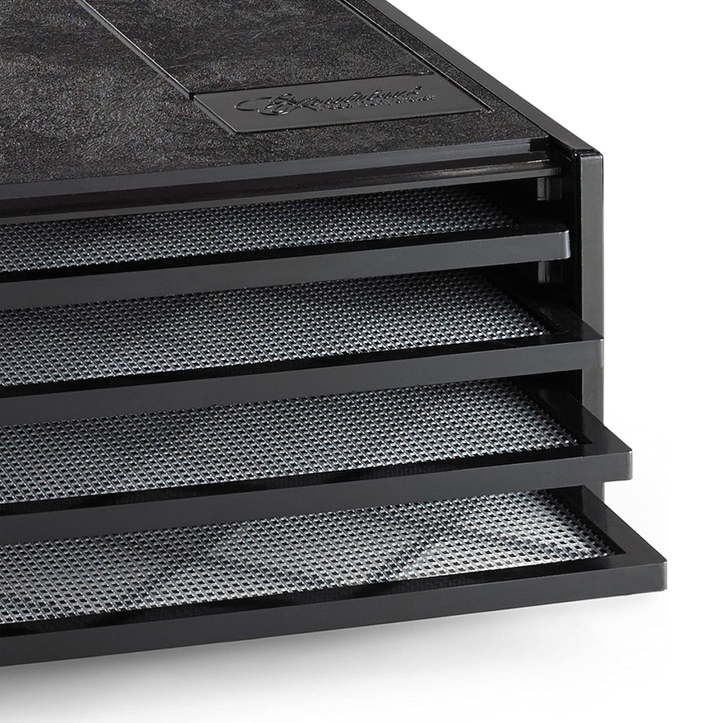 Black electric food dryer with four stackable mesh trays and sturdy polycarbonate frame, ideal for food preservation in Kitchen & Food, Drying, USA Made, and Best Sellers collections.