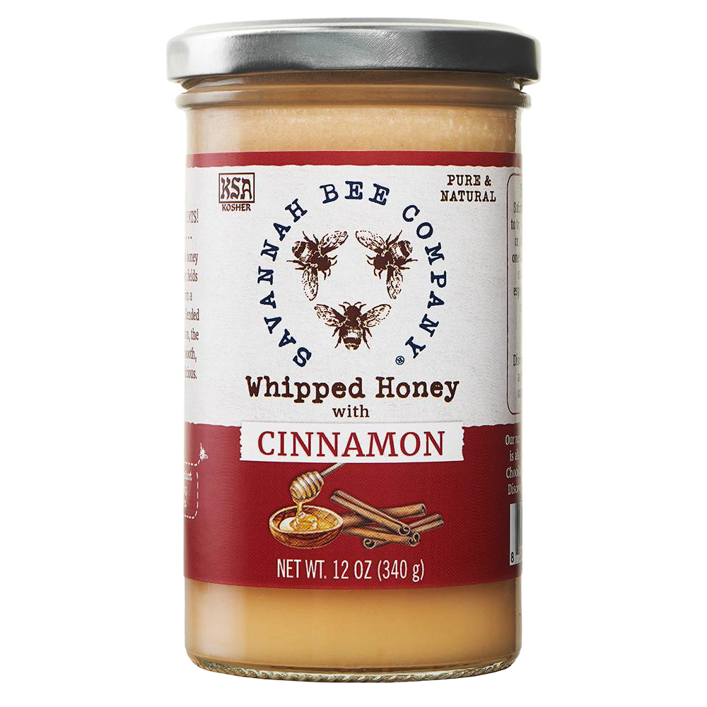 Jar of handcrafted whipped honey infused with cinnamon in clear glass container with silver lid, ideal for Kitchen & Food, Pantry, Best Sellers, and Sale collections.