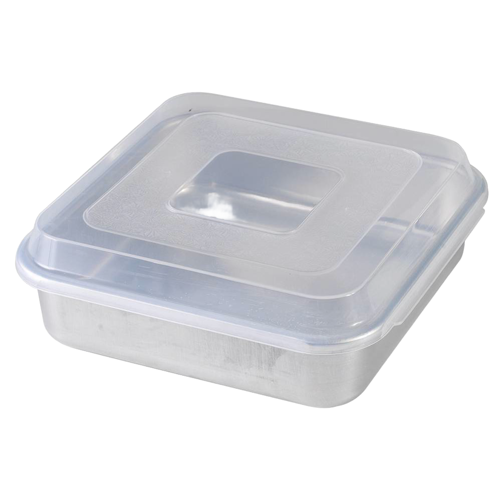 Square aluminum baking pan with encapsulated galvanized steel rims to prevent warping, featuring a clear plastic lid, crafted in the USA for Kitchen & Food and Baking Supplies collections.