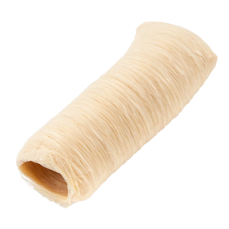 Natural beige processed collagen sausage casings rolled into a bundle, ideal for homemade sausage making, featured in Kitchen & Food, Specialty Equipment, and Butchering Supplies collections.