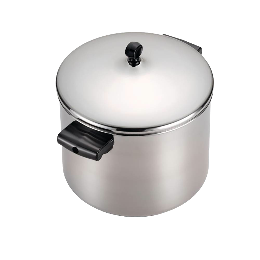 Stainless steel covered saucepot with black handles and knob, featuring a thick aluminum core base for even heating, ideal for Kitchen & Food, Cookware, Pots and Pans, and Best Sellers collections.