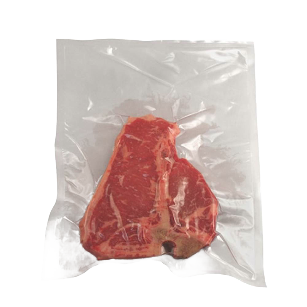 Handcrafted vacuum sealer bag holding a fresh raw steak, designed for food preservation in Kitchen & Food, Freezing, and Best Sellers collections.