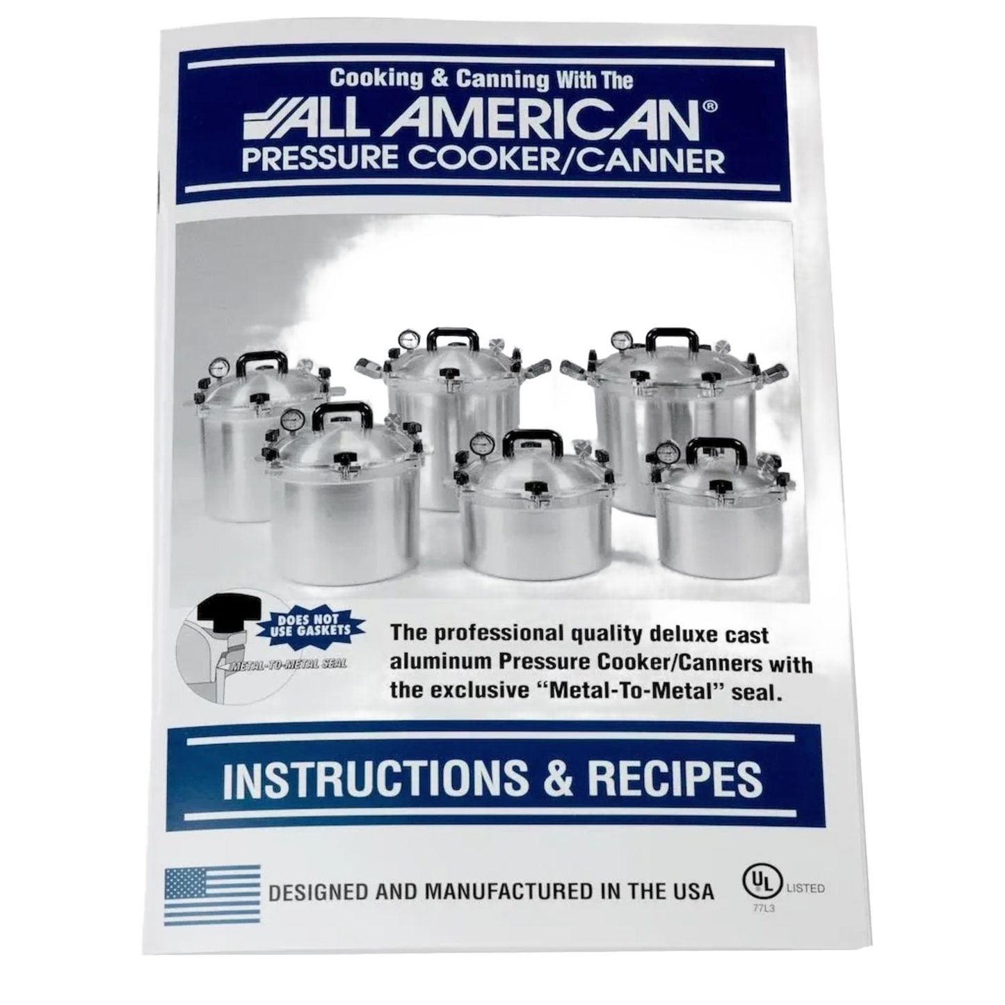 Instruction booklet for All American pressure cookers and canners featuring various sizes of cast aluminum pots with metal-to-metal sealing, ideal for Kitchen & Food, Food Preservation, and Canning collections.