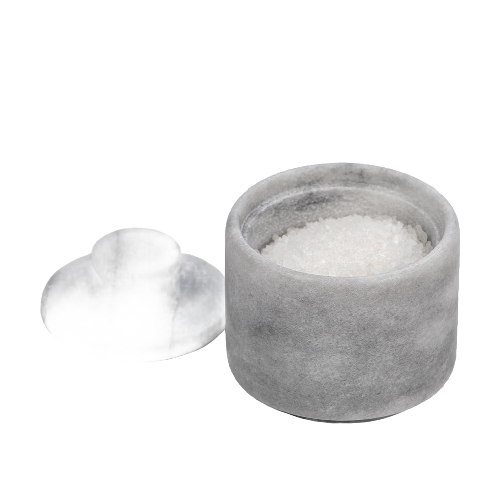Handcrafted solid marble salt cellar with lid, filled with coarse salt, designed for Kitchen & Food, Storage and Serving, Best Sellers, Promo Eligible, and Sale collections.