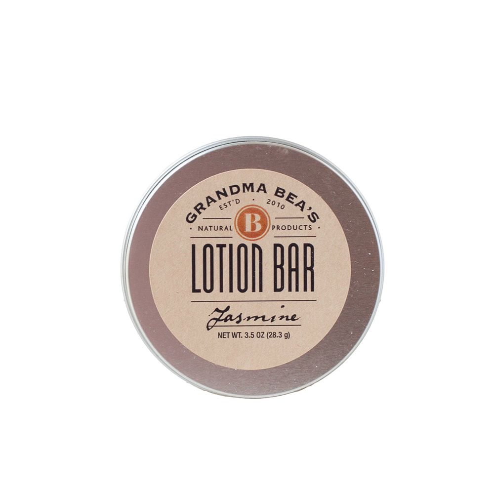 Round all-natural lotion bar tin labeled with jasmine scent, handcrafted in USA, featured in Health & Wellness, Balms, Creams and Lotions, Grooming and Personal Hygiene, USA Made, Best Sellers, and Promo Eligible collections.