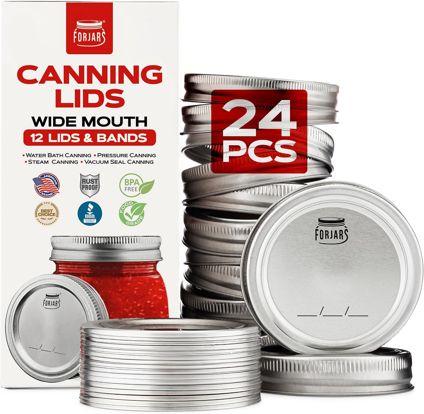 FORJARS Canning Lids and Bands for Regular or Wide Mouth Jars – 12 pk