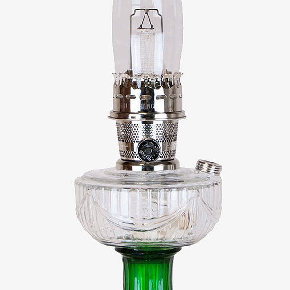Handcrafted oil lamp featuring a clear glass bowl with intricate drape pattern over a vibrant emerald glass base, perfect for Lamps & Lighting, Oil Lamps, and Table Lamps collections.