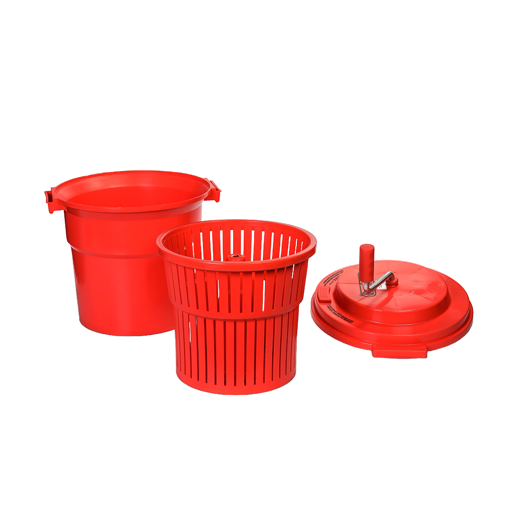 Red plastic hand-powered spinning clothes wringer with removable basket and lid featuring a manual crank, designed for efficient laundry drying and included in Home & Decor and Laundry Supplies collections.