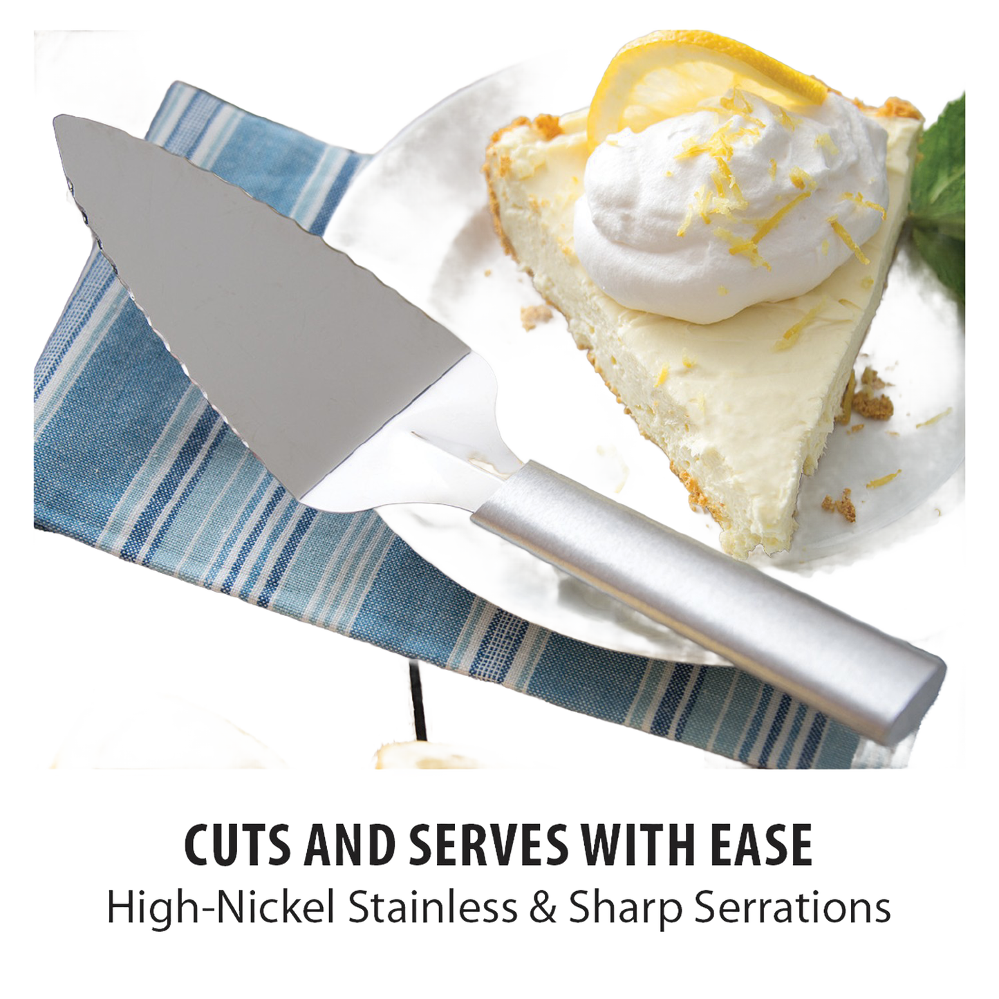 Serrated stainless steel pie server with a smooth handle resting on a striped cloth beside a slice of lemon cream pie topped with whipped cream, featured in Kitchen & Food, Storage and Serving, USA Made, Best Sellers, and Promo Eligible collections.