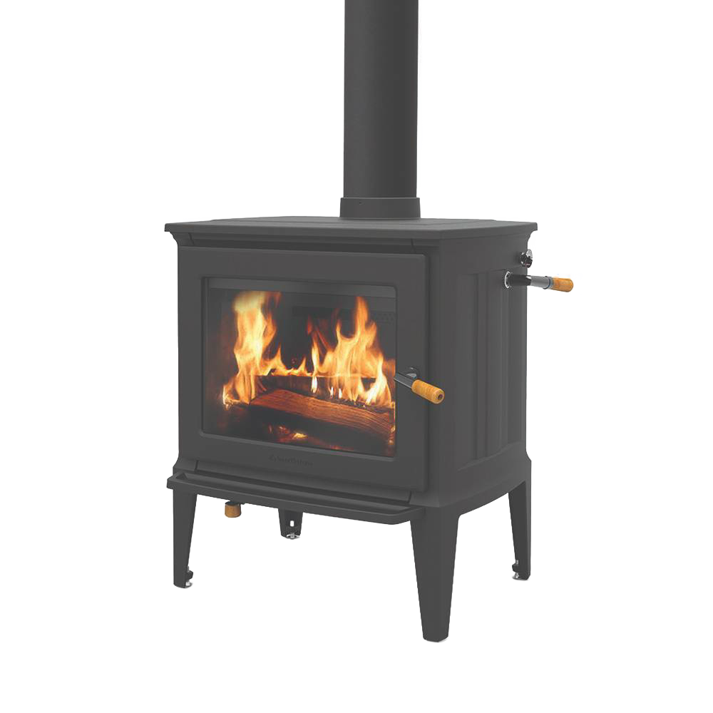 Handcrafted Amish-made wood heat stove with glass fire window, steel body, and wooden handles, ideal for cozy heating in Stoves, Heatstoves, and Best Sellers collections.
