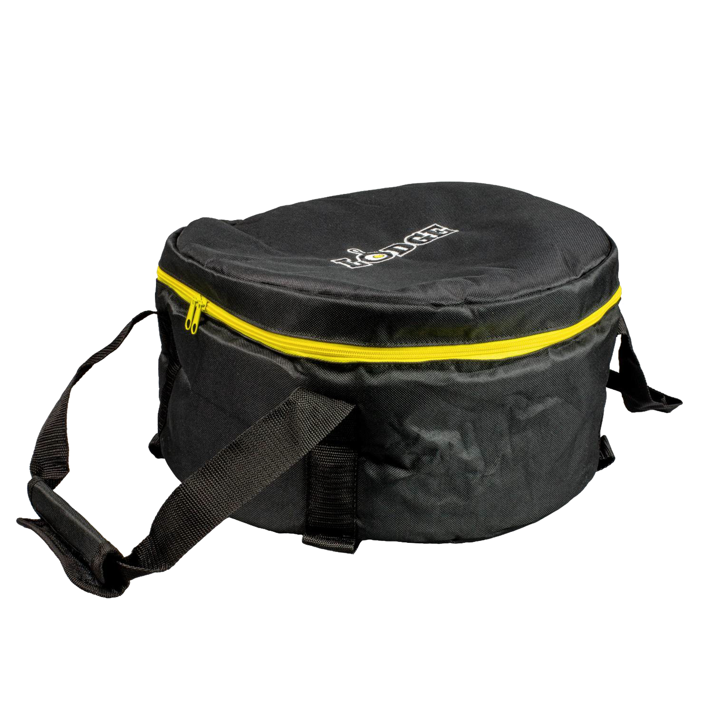 Black round tote bag with thick weather-resistant polyester, featuring extra padding, bright yellow zipper, and durable straps, perfect for carrying cookware in camping, kitchen, and outdoor settings.