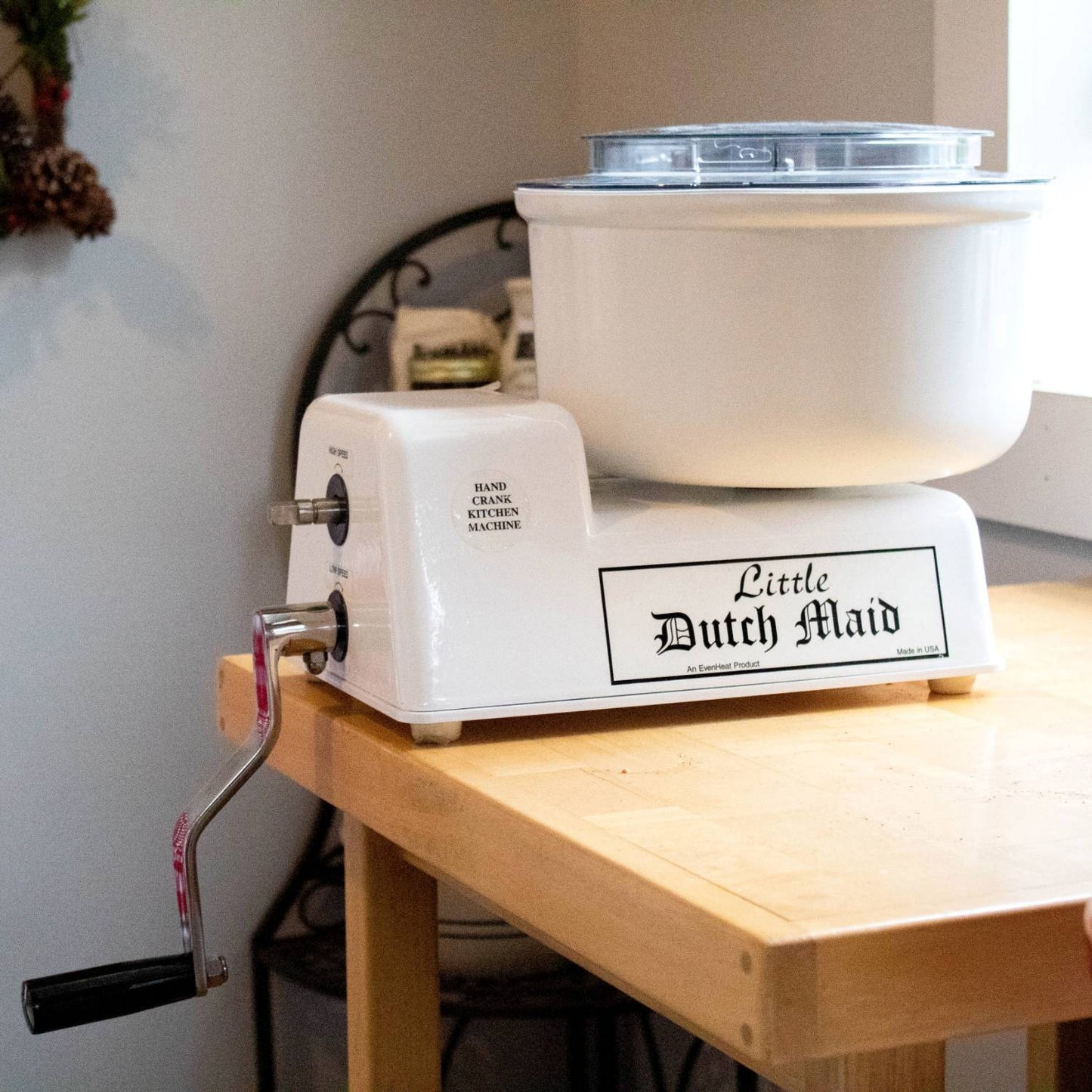 Handcrafted USA made dual speed hand-cranked mixer with white base and clear lid, ideal for Kitchen & Food, Baking Supplies, Food Prep, and Amish Made collections.