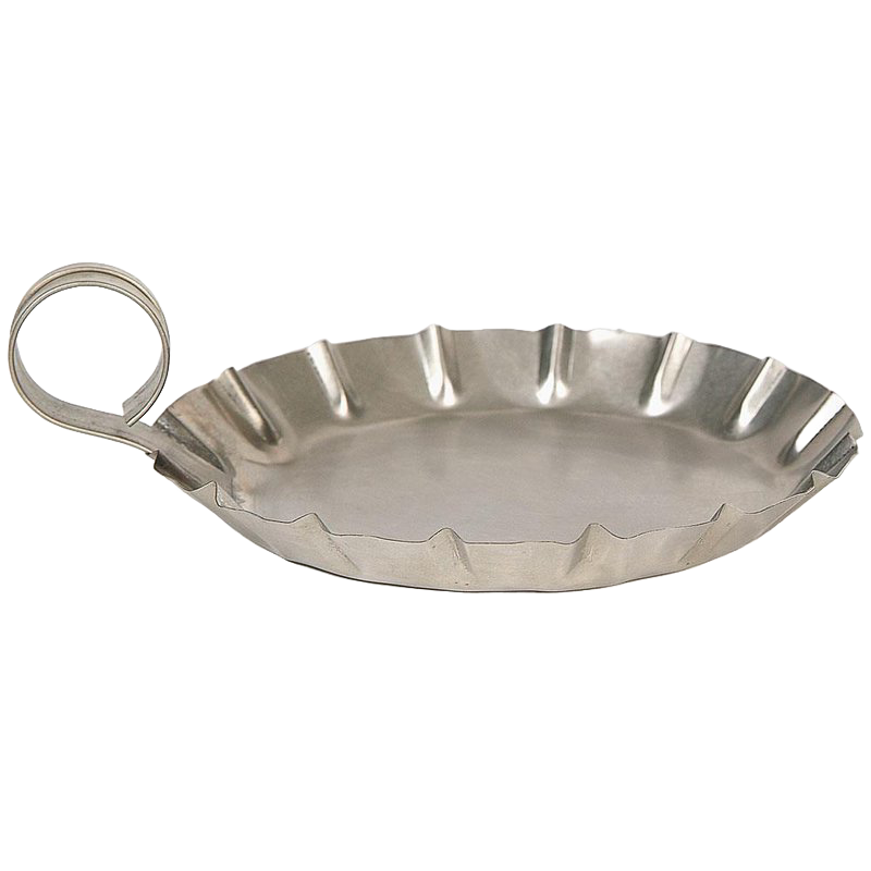 Handcrafted tin candle holder with a colonial-style crimped edge and curved finger loop, made in USA, ideal for holding pillar candles in Lamps & Lighting and Candleholders collections.