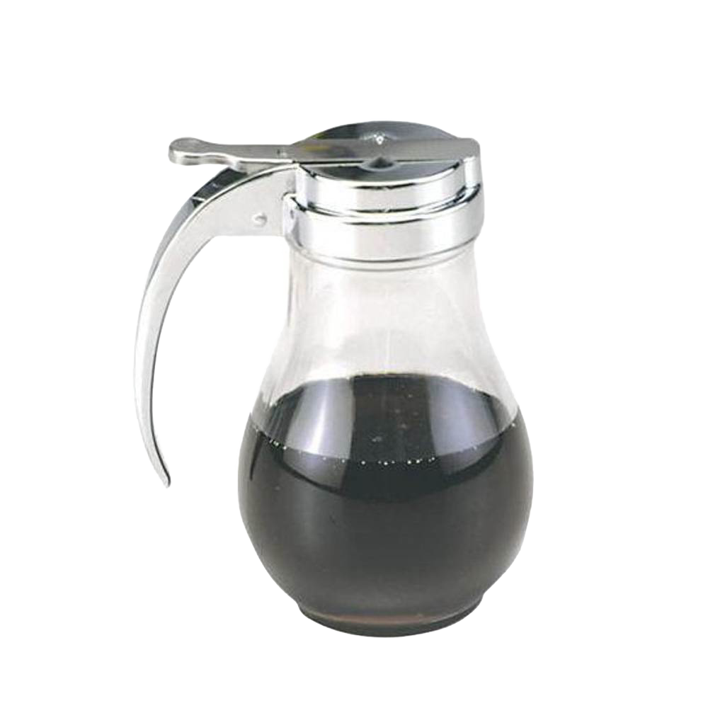 Glass syrup dispenser with a polished metal lid and thumb lever for easy pouring, perfect for Kitchen & Food, Kitchen Gadgets, and Storage and Serving collections.