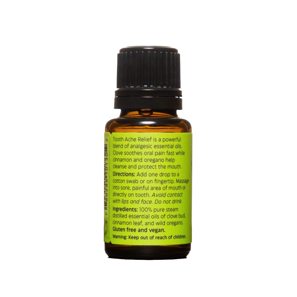 Amber glass bottle featuring a green label with directions and ingredients for soothing tooth pain using a handcrafted blend of clove, cinnamon, and oregano oils, part of Health & Wellness and Grooming collections.