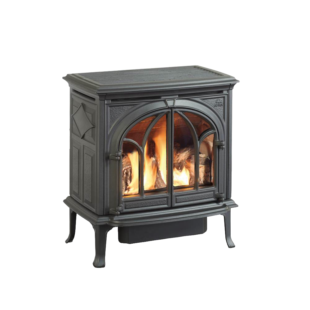 Handcrafted cast iron gas heat stove with detailed arched glass doors and active flame, designed for cozy warmth in Stoves, Heatstoves, Best Sellers, and All Stoves & Appliances collections.