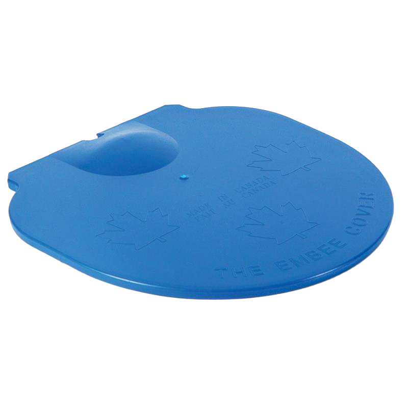 Blue plastic lid with raised handle and embossed maple leaf designs, crafted to shield sap buckets from weather and debris, ideal for farm, orchard, and maple syrup use.